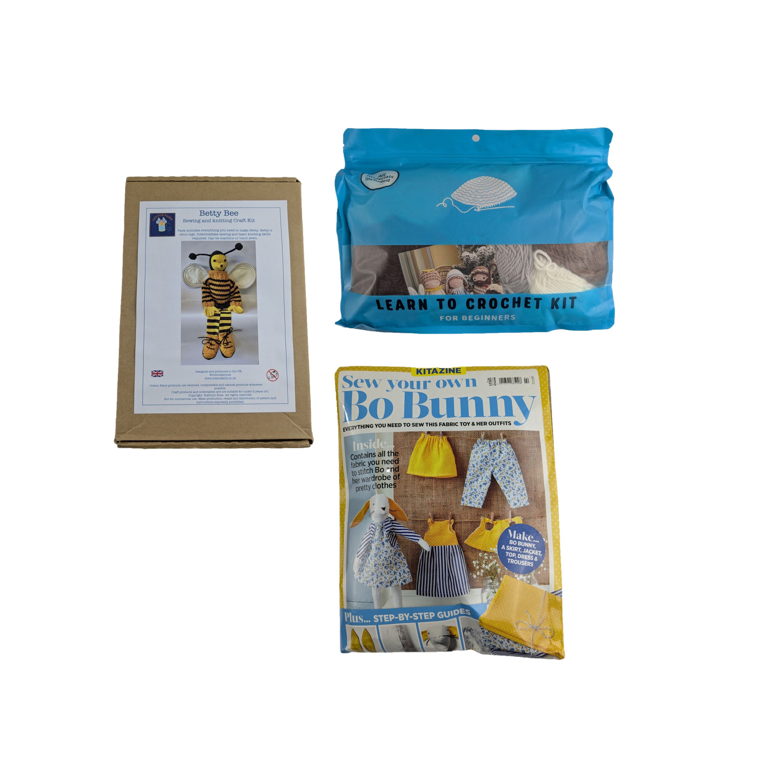 Lot 40 - Sewing & Crochet Craft Kit Bundle – Bo Bunny, Betty Bee Knitting & Beginner Learn to Crochet Set Reseller Lot x3