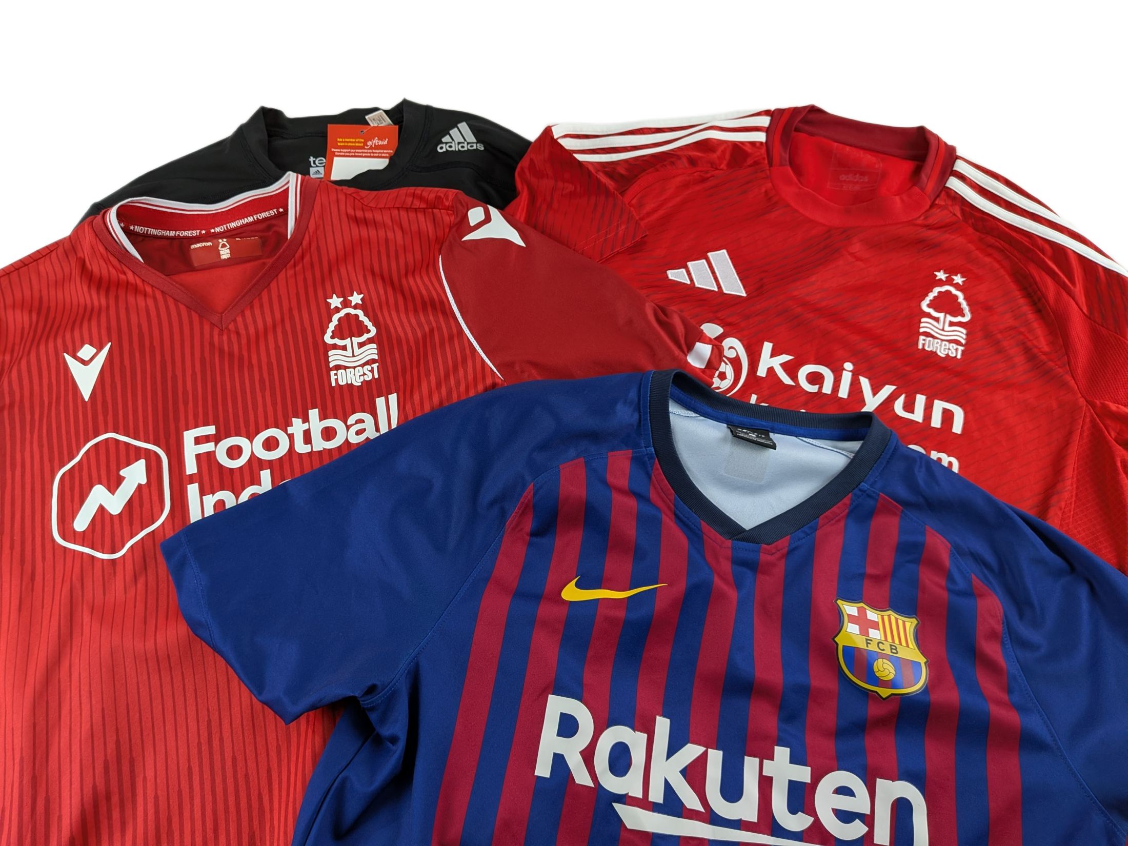 Lot 27 - Football Shirt & Sportswear Bundle – Adidas TechFit, Barcelona & Nottingham Forest Kits Reseller Lot x4